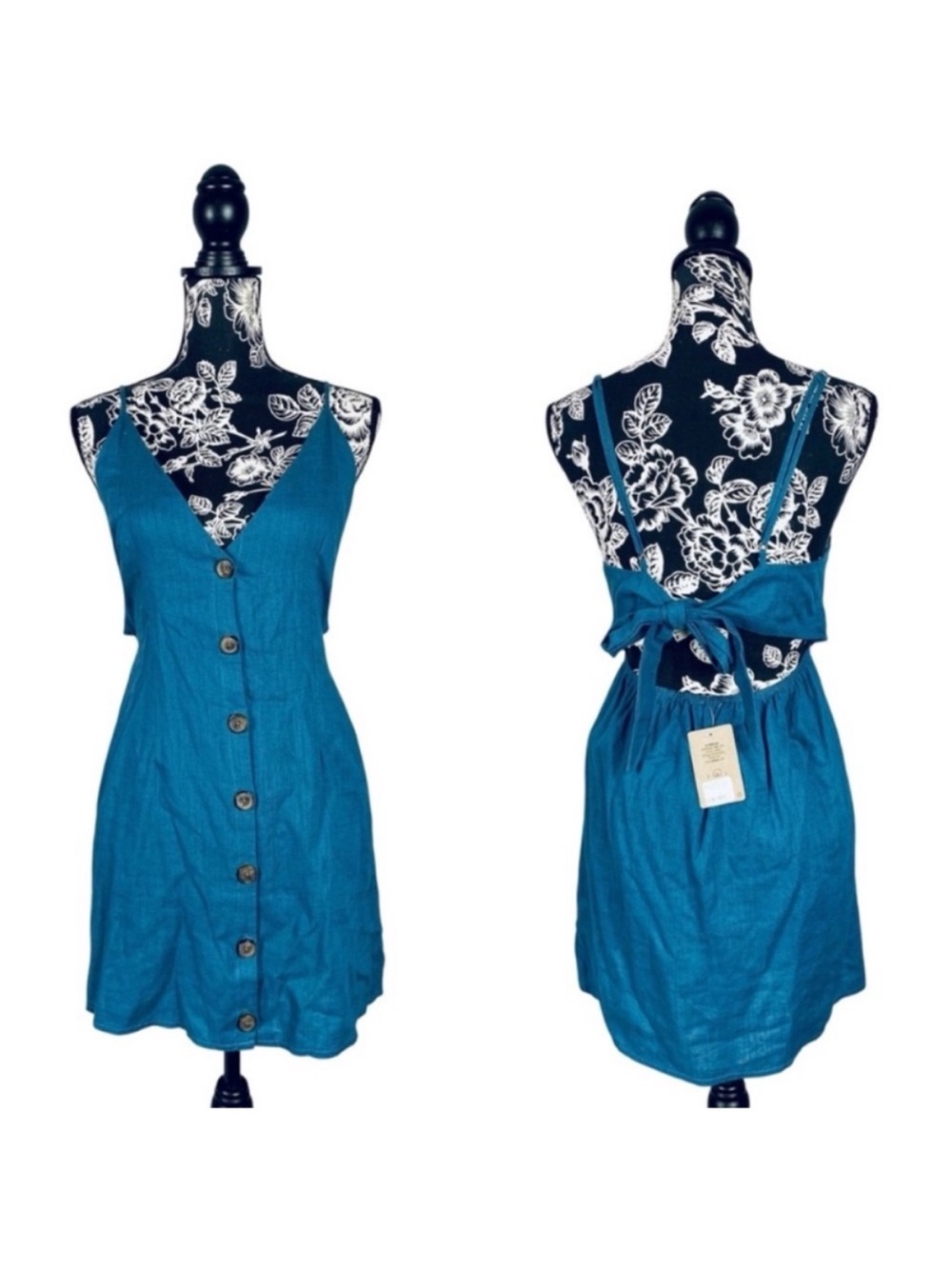 NWT Pitaya tie back button front blue linen mini dress size medium